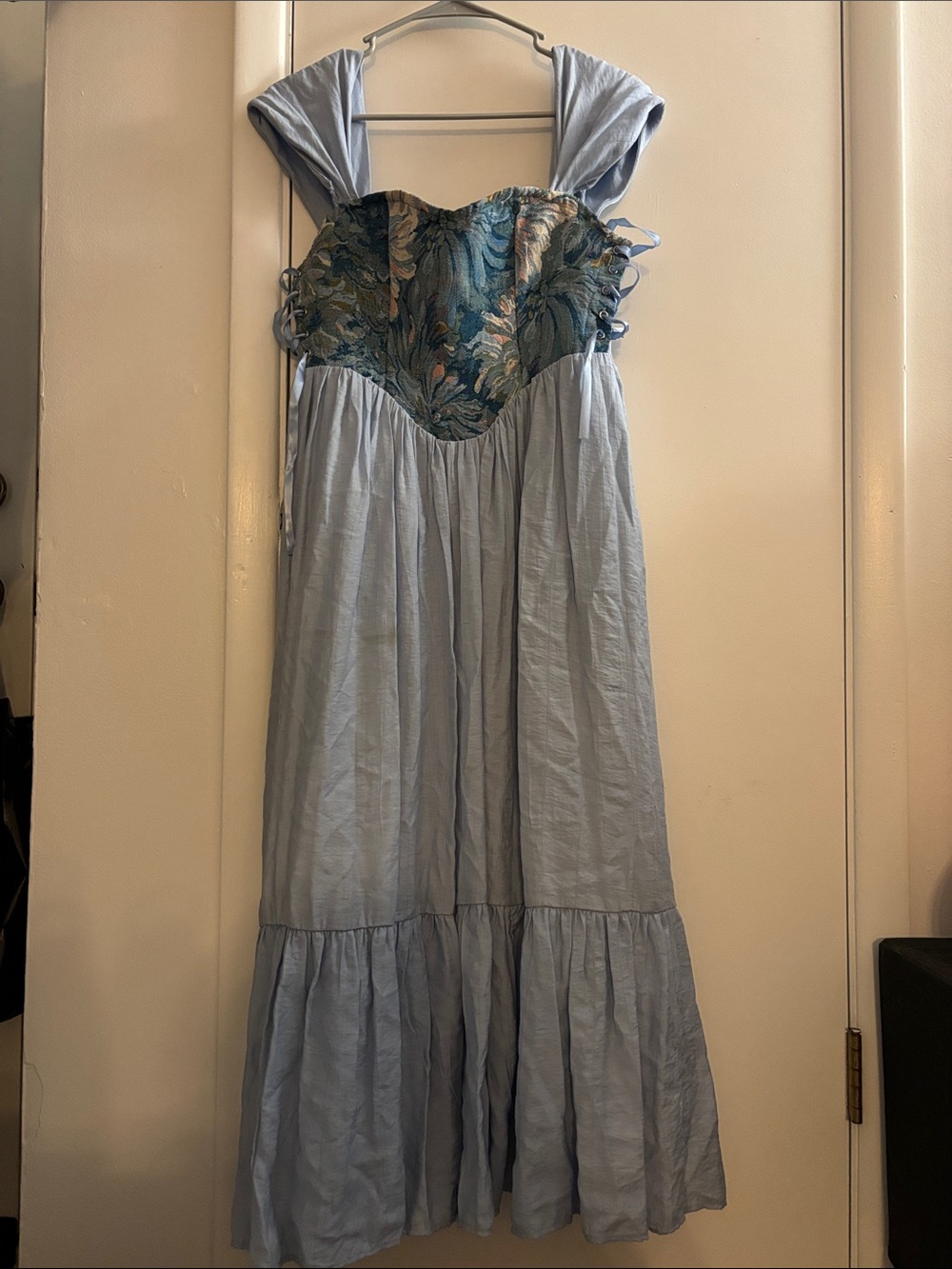 Light Blue Maxi Dress with Floral Brocade Bodice